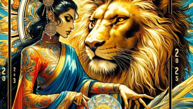 Illustrazione ispirata al segno zodiacale del Leone in un'atmosfera tarologica. &copy; Immagine creata con Dall-E