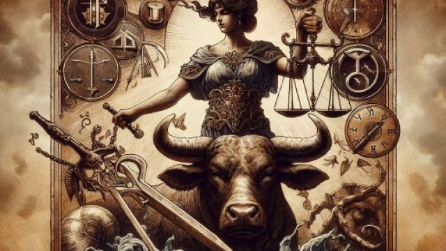 L'arcano della Giustizia e il segno del Toro nel contesto astrologico e culturale del giorno. &copy; Immagine creata con Dall-E