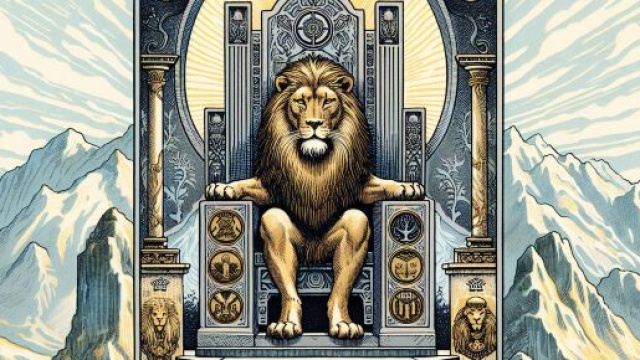 Rappresentazione del Leone con la carta dei tarocchi L'Imperatore, simbolo di autorit&agrave; e potere. &copy; Immagine creata con Dall-E