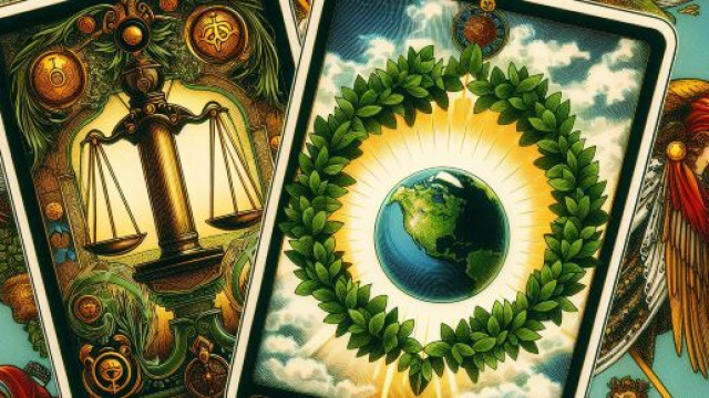 Bilancia con carta dei tarocchi del Mondo, simbolo di armonia e completamento. &copy; Immagine creata con Dall-E