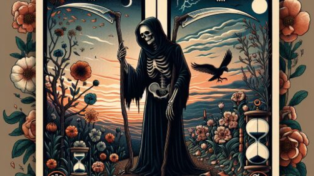 Illustrazione che rappresenta lo Scorpione e la carta dei tarocchi della Morte, simbolo di trasformazione. &copy; Immagine creata con Dall-E