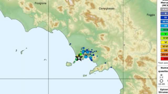 Intensit&agrave; in Scala Mercalli del pi&ugrave; forte dei terremoti ai Campi Flegrei (magnitudo 4.4). &copy; Hai sentito il terremoto?