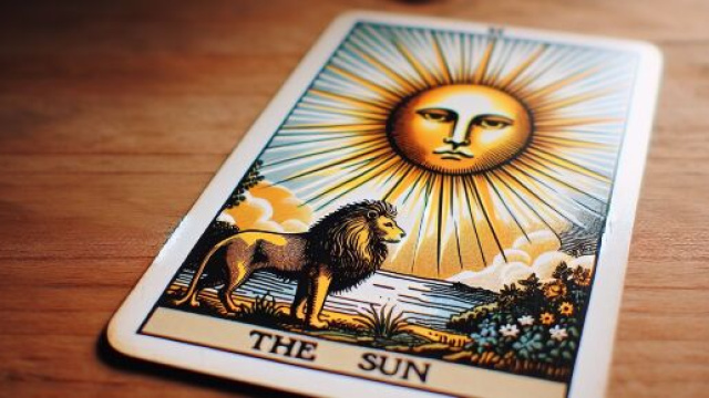 Leone guidato dal Sole dei tarocchi, simbolo di illuminazione e forza interiore. &copy; Immagine creata con Dall-E