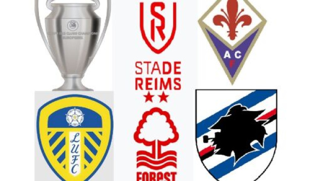 I loghi di Reims, Fiorentina, Leeds, Nottingham e Sampdoria, con il trofeo della Coppa dei Campioni &copy; immagini da Wikimedia Commons