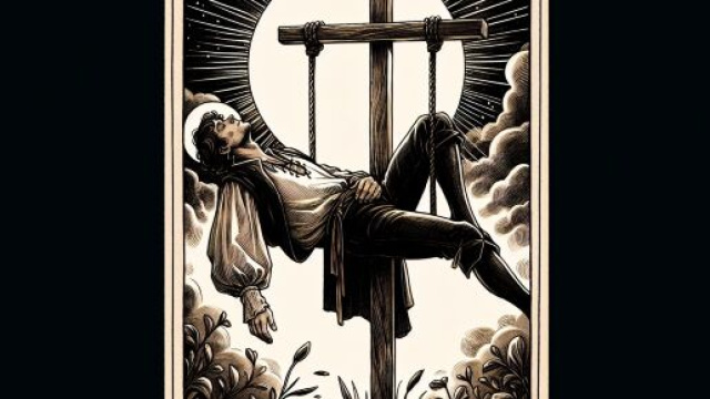 Illustrazione della carta dei tarocchi dell'Appeso per il segno del Toro. &copy; Immagine creata con Dall-E