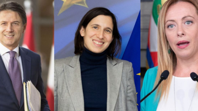 Giuseppe Conte, Elly Schlein e Giorgia Meloni (&copy; Wikimedia commons)