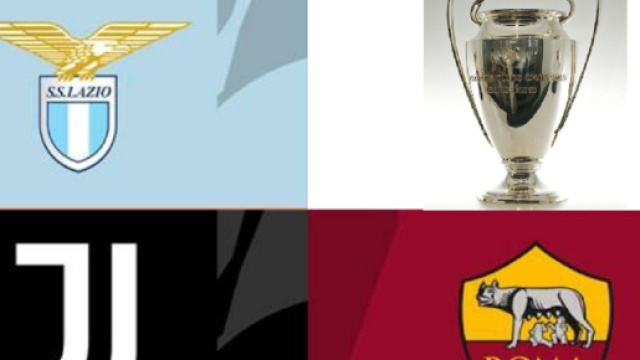 I loghi di Lazio, Juve e Roma (&copy; delle rispettive societ&agrave;) e foto del trofeo della Champions (&copy; Wikimedia Commons)