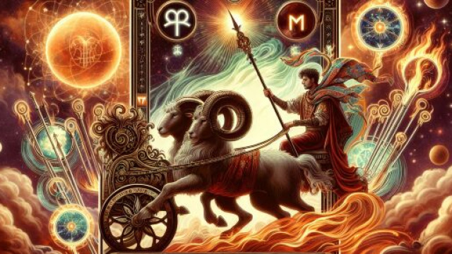 Illustrazione della carta del Carro con simboli dell'Ariete. &copy; Immagine creata con Dall-E