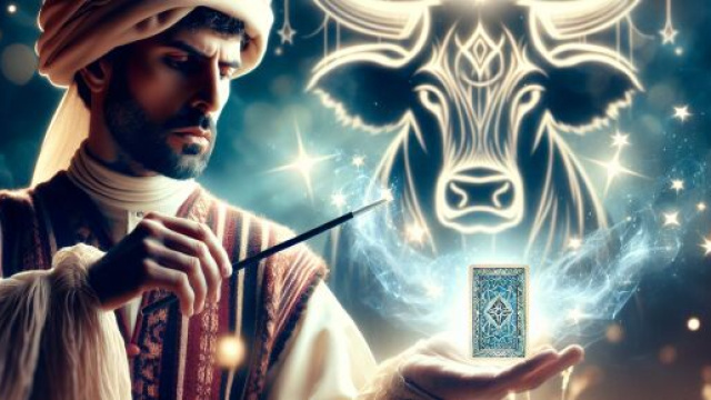 L'articolo esplora l'oroscopo dei tarocchi per il segno del Toro, evidenziando il simbolismo del Mago. &copy; Immagine creata con Dall-E