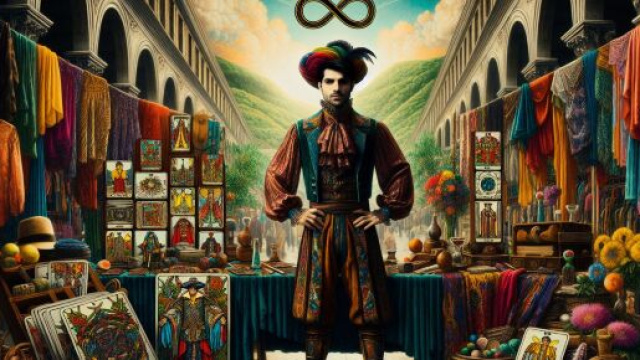 Carta dei tarocchi il Mago e segno zodiacale Gemelli. &copy; Immagine creata con Dall-E