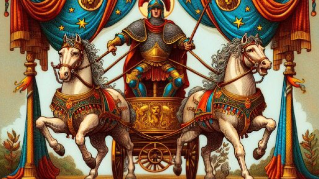 L'immagine rappresenta la carta del Carro e il Leone, simbolizzando il potere e il movimento. &copy; Immagine creata con Dall-E