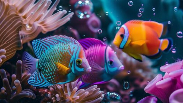 Pesci tropicali tra anemoni e bolle in un acquario &copy; Pixabay.
