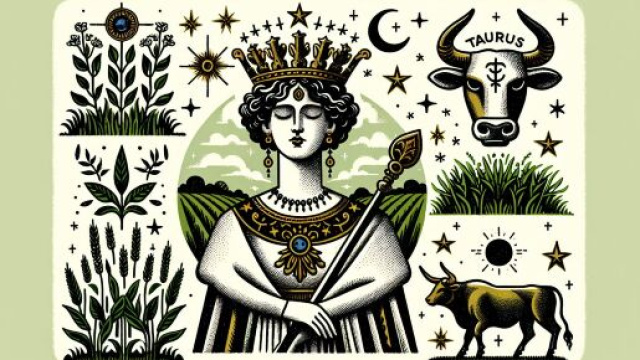 Illustrazione ispirata al segno zodiacale del Toro e al tarocco dell'Imperatrice. &copy; Immagine creata con Dall-E