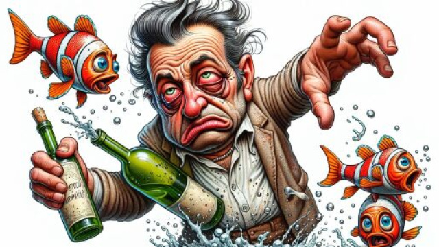 Pesci e il numero 14 della Smorfia napoletana: 'o 'mbriaco, una guida astrologica per le emozioni del cuore. &copy; Immagine creata con Dall-E