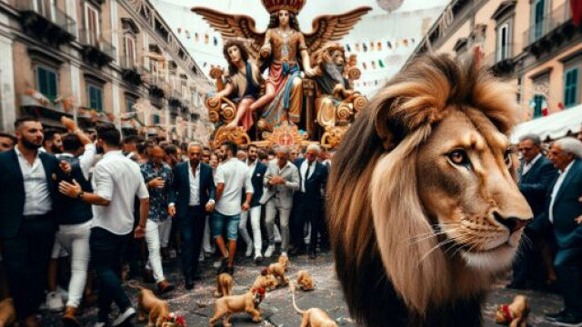 Leone e 'o vino bbuono, numero 45 della Smorfia napoletana, simbolo della celebrazione. &copy; Immagine creata con Dall-E