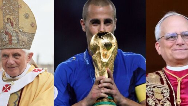 Papa Ratizinger (&copy; Wikipedia), Fabio Cannavaro (&copy; Screenshot Rai 1 del 2006) e Papa Prevost (&copy; Screenshot Rai 1 del 2025)