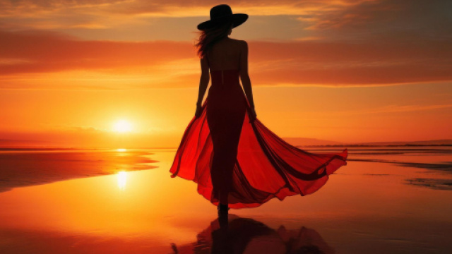 Donna in acqua con un tramonto arancione e giallo sullo sfondo &ndash; &copy; Pixabay.