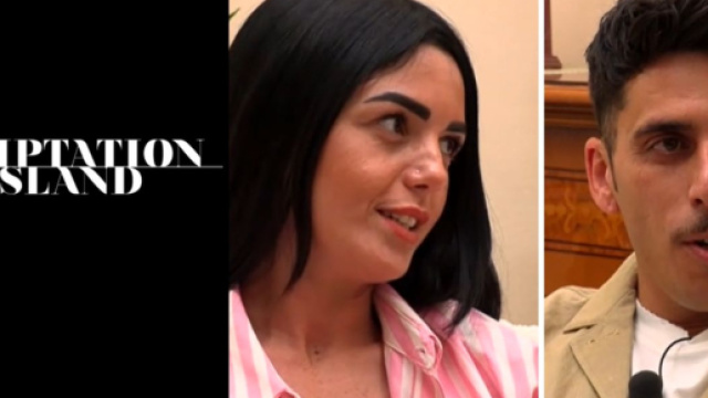 La coppia Maria Concetta-Angelo e il logo di Temptation Island &copy; Canale 5.