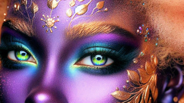 Volto con trucco artistico, colori vivaci e dettagli dorati &ndash; &copy; Pixabay.