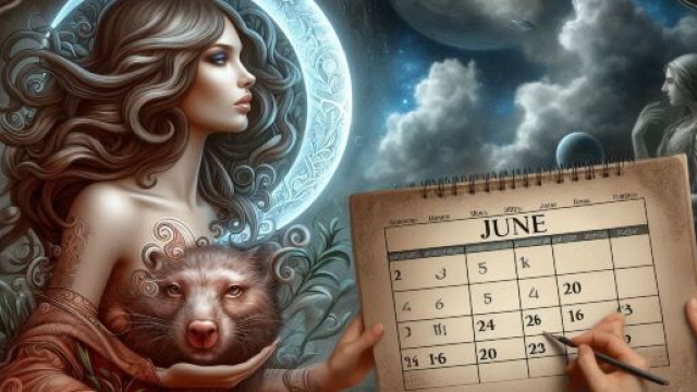 Calendario di giugno con una donna accanto a un animale sotto la luna &ndash; generato con &copy; AI Copilot.