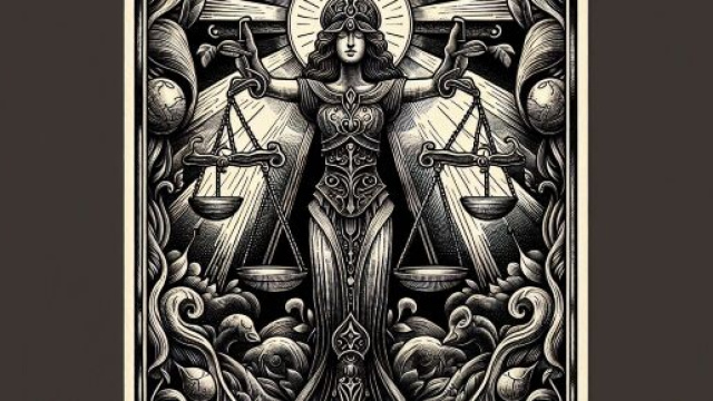 Illustrazione della carta dei tarocchi della Giustizia legata al segno della Bilancia. &copy; Immagine creata con Dall-E