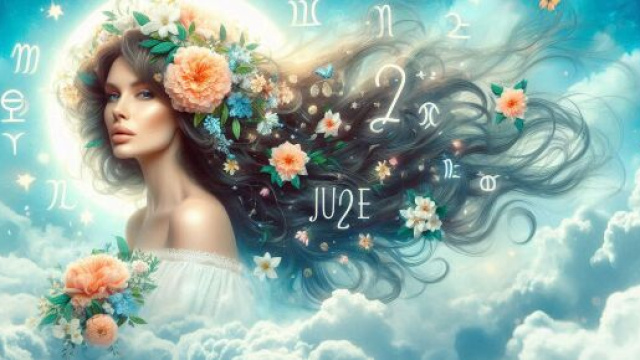 Una donna con i segni dell'oroscopo attorno, immagine generata con &copy; AI Copilot