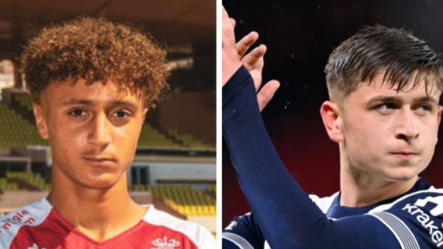 Ben Seghir del Monaco. Foto &copy; Monaco. Mikey Moore, del Tottenham. Foto &copy; Premier League