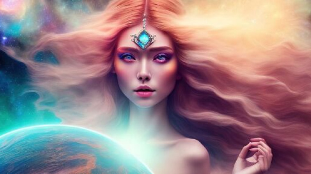 Figura eterea bionda con gioiello sulla fronte, tra pianeti e stelle &copy; Immagine Pixabay.