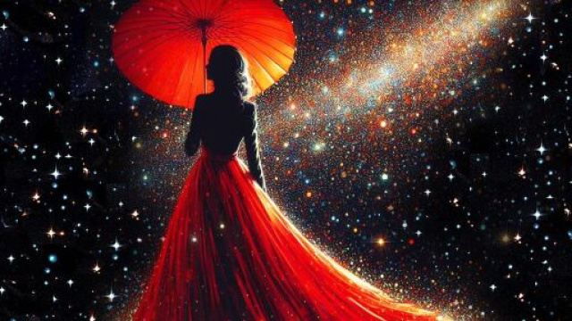 Donna in rosso nell&rsquo;universo stellato &ndash; &copy; Pixabay.