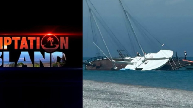 Il logo di Temptation Island e il veliero della produzione &ndash; Screenshot &copy; Canale 5 / Telemia.it.