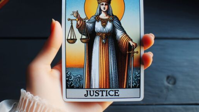 La carta dei tarocchi della Giustizia guida l'Acquario attraverso un viaggio di equilibrio e armonia. &copy; Immagine creata con Dall-E