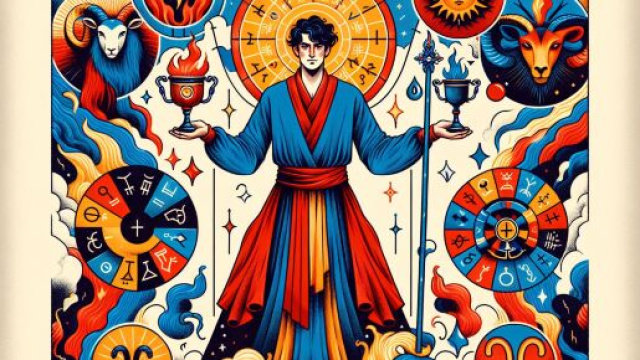 Immagine della carta del Mago dei tarocchi con simboli del segno Ariete. &copy; Immagine creata con Dall-E