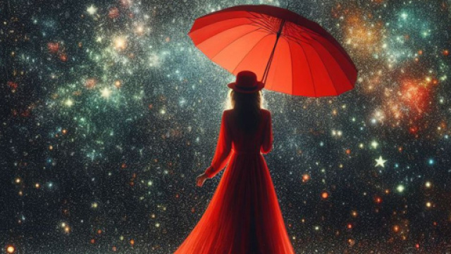 Donna con vestito e ombrello rosso osserva le stelle - &copy; Pixabay IA.