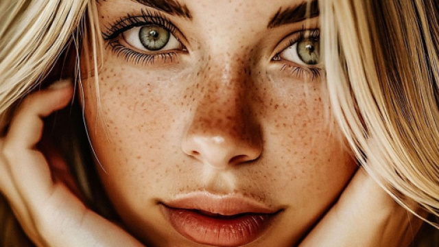 Primo piano di un volto di donna bionda con occhi verdi - &copy; Pixabay IA.