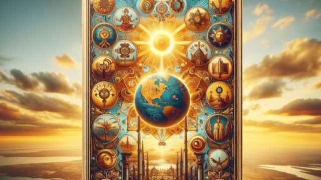 Carta dei tarocchi del Sole per Pesci, simboleggiando illuminazione e realizzazione interiore. &copy; Immagine creata con Dall-E