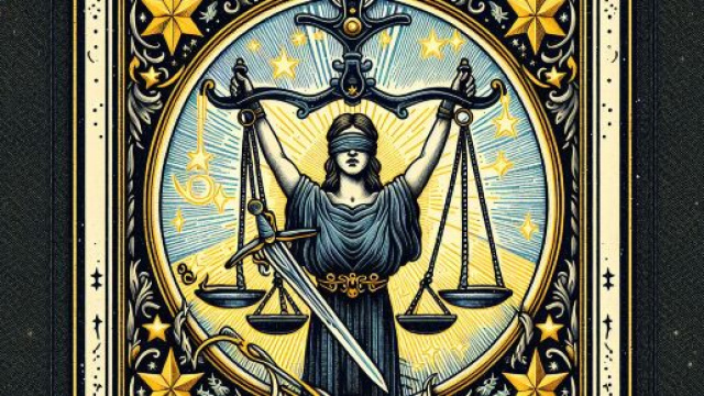 Illustrazione della carta della Giustizia per il segno della Bilancia. &copy; Immagine creata con Dall-E