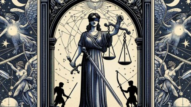 Carta dei tarocchi della Giustizia per il Sagittario. &copy; Immagine creata con Dall-E