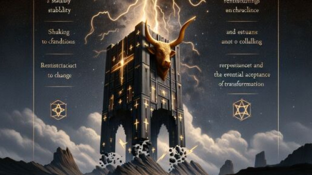 La carta dei tarocchi della Torre per il segno del Toro riflette il tema della trasformazione radicale e rinascita. &copy; Immagine creata con Dall-E