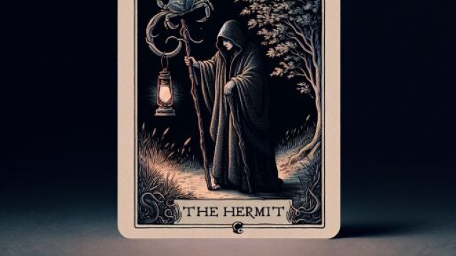 L'illustrazione raffigura l'Eremita tra simboli di riflessione e saggezza per il Cancro. &copy; Immagine creata con Dall-E