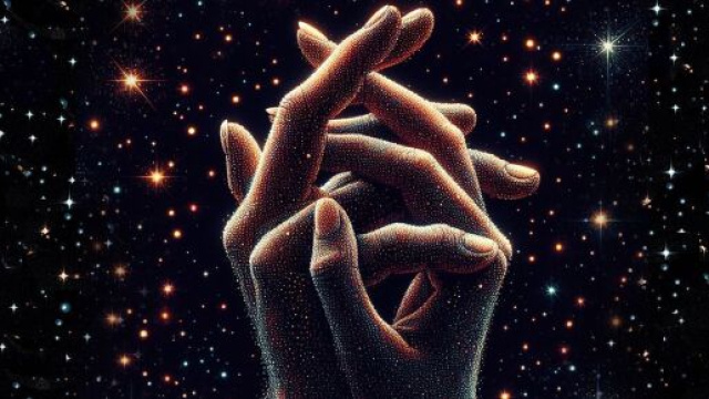 Mani intrecciate tra le stelle - &copy; Foto Pixabay IA.