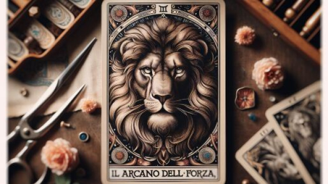 Arcano della Forza con il potente Leone, simbolo di dominio interiore. &copy; Immagine creata con Dall-E