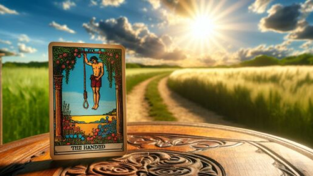 Carta dei tarocchi dell'Appeso per l'Ariete, agosto 2025. &copy; Immagine creata con Dall-E