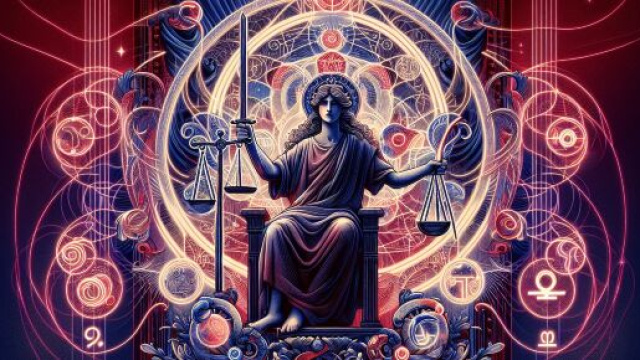 La carta dei tarocchi della Giustizia rappresenta l'equilibrio e la verit&agrave; per la Bilancia. &copy; Immagine creata con Dall-E
