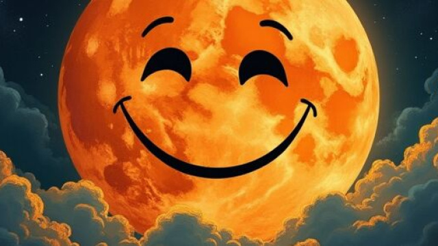 Luna piena arancione con volto sorridente - &copy; Grox AI X.