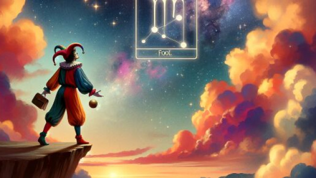Immagine che rappresenta la carta del Matto dei tarocchi accanto alla costellazione della Vergine. &copy; Immagine creata con Dall-E