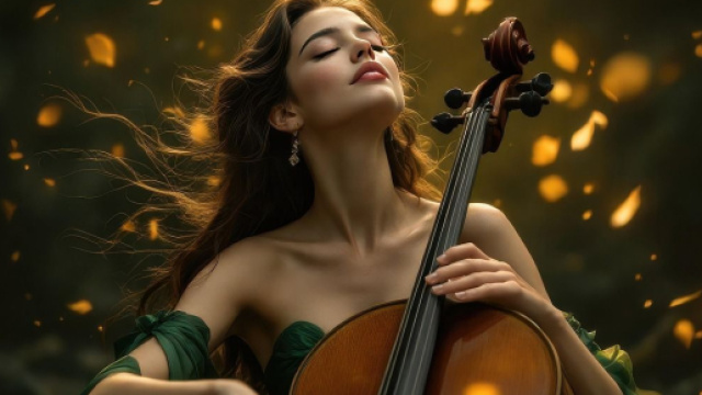 Donna con violoncello tra faville di luci - &copy; Pixabay IA.