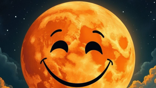 Luna arancione con faccia sorridente &copy; Grox AI X