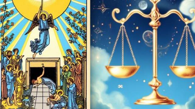 Carta dei tarocchi del Giudizio e rappresentazione del segno zodiacale della Bilancia. &copy; Immagine creata con Dall-E