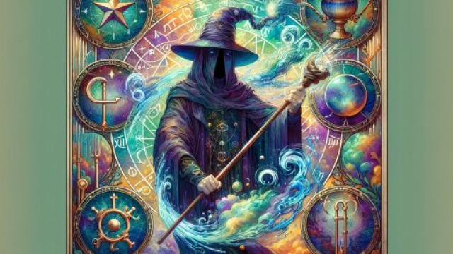 Carta dei tarocchi Il Mago con simboli Acquariani. &copy; Immagine creata con Dall-E