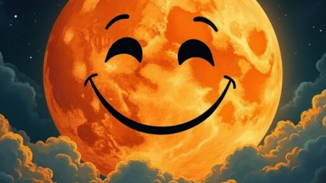 Luna piena e sorridente tra soffici nuvole &copy; Grox AI X.